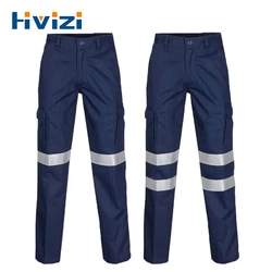 Pantalon de travail Hi Vis pour homme, pantalon moulant de nuit, haute visibilité, 100% coton, pantalon long bleu marine