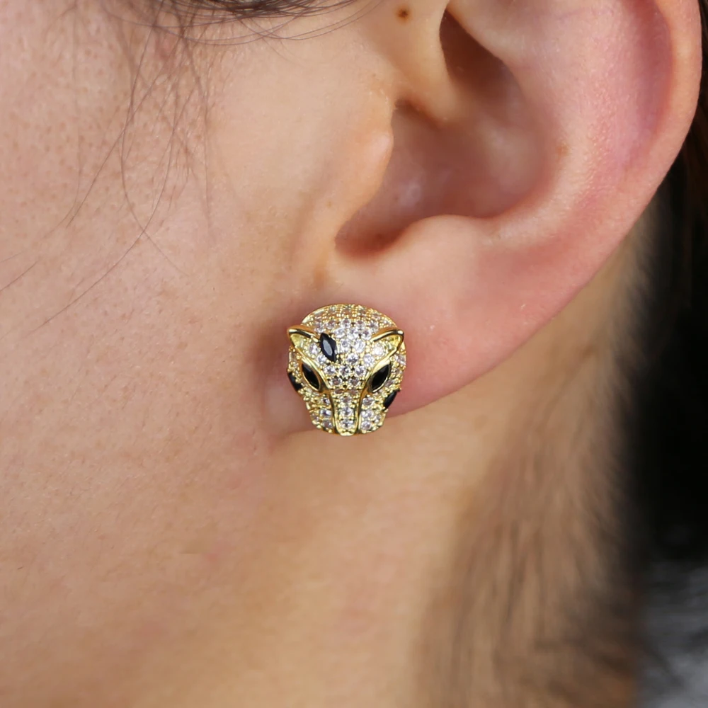 Gold color white black cz paved cool animal design leopard jaguar stud earring for women