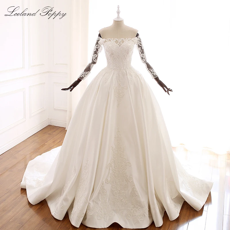 

Lceland Poppy Customized A-line Satin Boat Neck Wedding Dress Off Shoulder Long Sleeves Beaded Floor Length Bridal Gowns