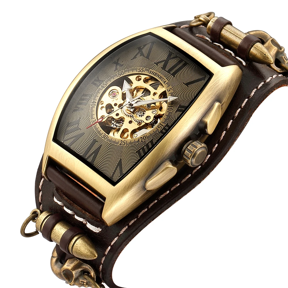 

SHENHUA Bronze Tonneau Antique Mechanical Watch Men Automatic Watch Mens Skeleton Watches Bronze Leather Steampunk Transparent Vintage Sport Wristwatch