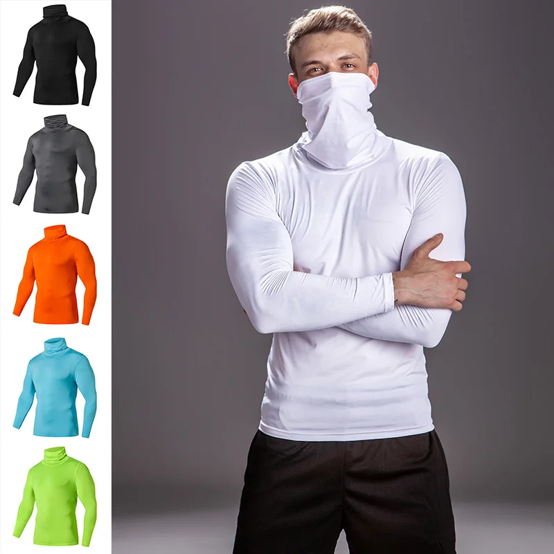 Solid Color Turtle Neck Compression Shirt Men\'s T-Shirt Bodybuilding Running Gym Fitness Top Skinny Rashgard Top