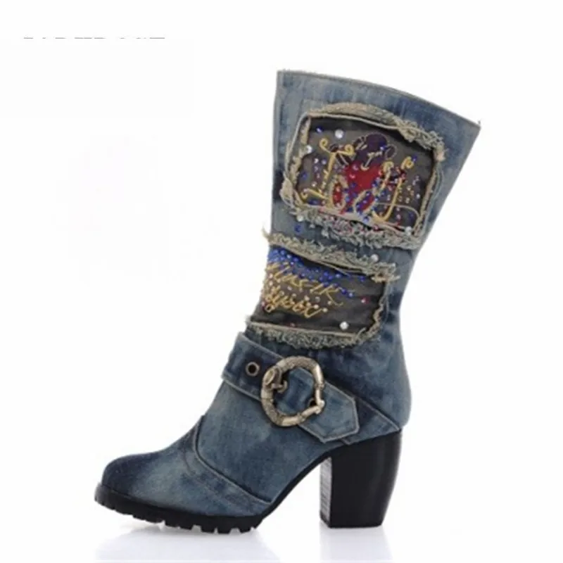 

Winter Warm Boots Women Platform Chunky High Heel Botas Mujer Crystal Denim Booties Ladies Riding Jean Shoes Big Size 42