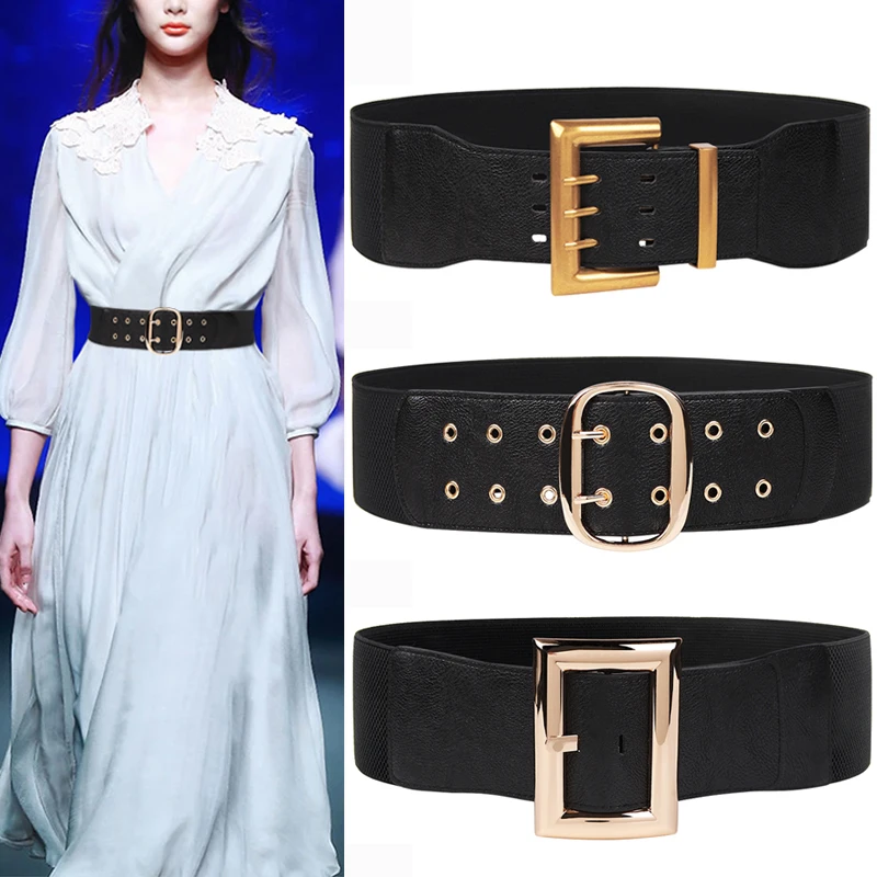 Luxury Black Waistbands For Dress Wide Elastic Faux Leather Belt Stretch Waistband Vintage Square Alloy Buckle Waist Seal Coat