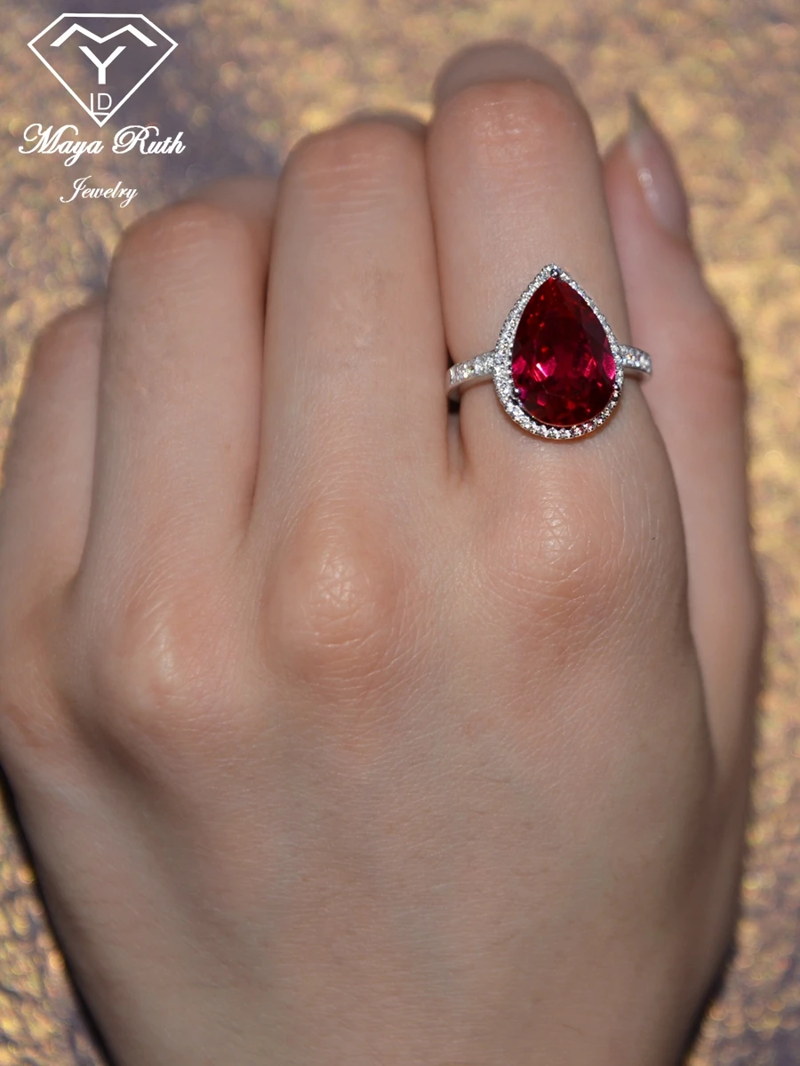 Gemaakt Ruby Real Echt 925 Sterling Silver Party Cocktail Ring Voor Vrouwen Peer Druppelvorm Imitatie Rode Edelsteen Vrouwelijke Geschenken