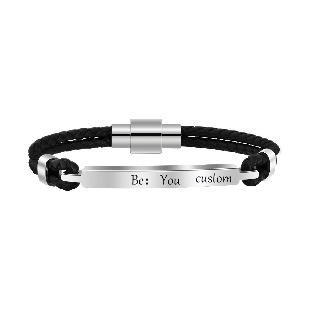 

Personalized Customized Name Bracelets Engraved Leather Bracelet Steel ID Bangles For Mans Gift pulsera hombre