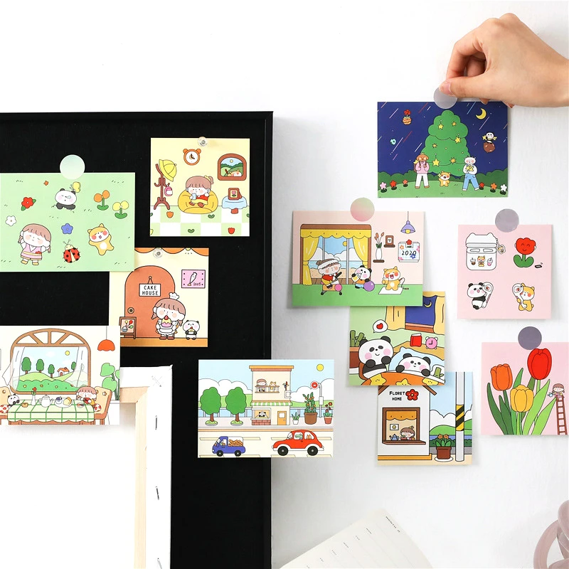 6-9pcs Cute Kids Drawing Decoration Cards Art Postcard Panda Dog Flower DIY Wall Sticker Photo Props Background Stationery Gift