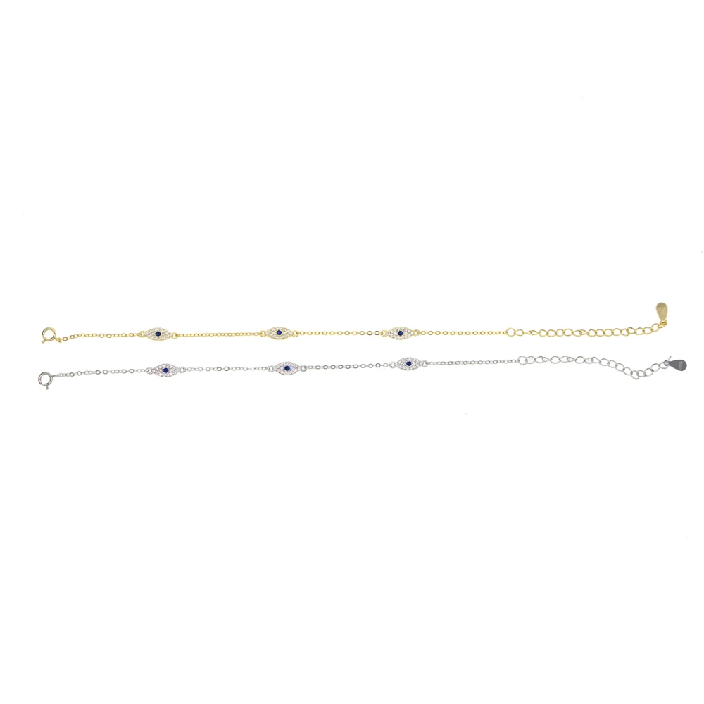 100% 925 sterling silver cute lovely blue white cz evil eye link chain minimal delicate thin chain women girl adorable bracelet