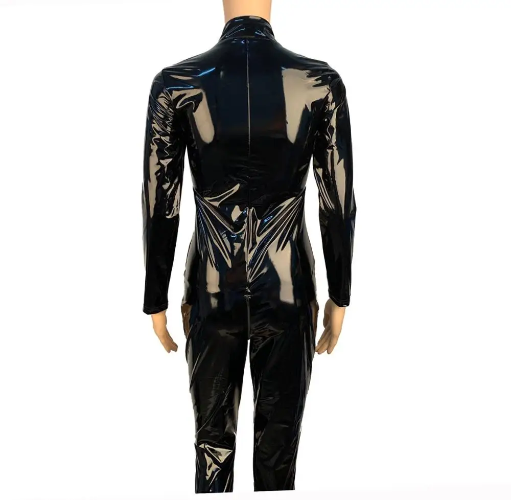 S-5XL Woman Leotard Patent Leather Zip Catsuit Shiny Leather Long Sleeve Wet Look Bodysuit Shiny PVC Bodycon One Piece Jumpsuit