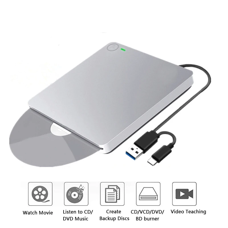 External Blu-ray Drive USB3.0&Type C BD-RDL DVD-RW CD Writer Blu-ray Combo Recorder Play 3D Videos One Touch Pop up for Desktop