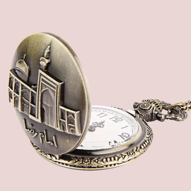 Men Women Fob watch with necklace Retro Islamic Castle Unique Pocket Watch Bronze Engraved Design Exquisite Casual
