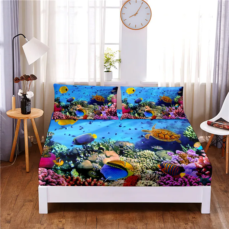 Seafloor Animals Digital Printed 3pc Polyester  Fitted Sheet Mattress Cover Four Corners with Elastic Band Bed Sheet Pillowcases