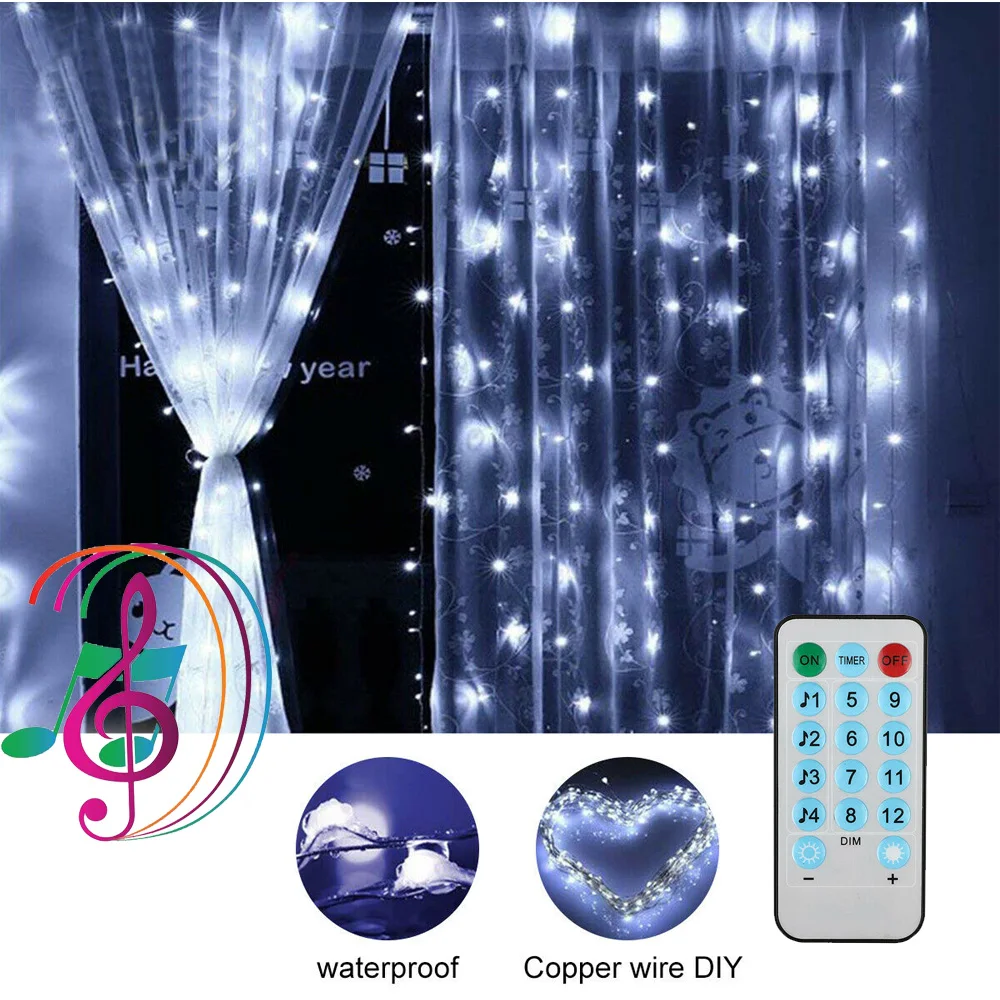 Guirnalda de luces de hadas con control de música, cortina de ventana, cadena de luces, USB, decoración del banquete de boda, Navidad, 300 LED, 3M