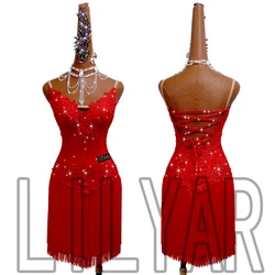 Vestido de actuación de competición de baile latino para adultos, traje de práctica personalizado, borla roja, bordado, nuevo