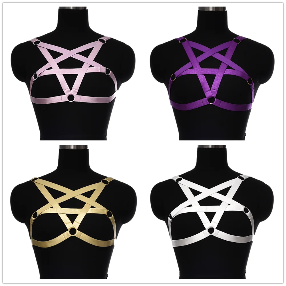 

Women Fetish Pentagram Bondage Caged Bralette Gothic Bra Garters Lingerie Crop Tops Harajuku Gothic Body Cage Bra Rave Festival