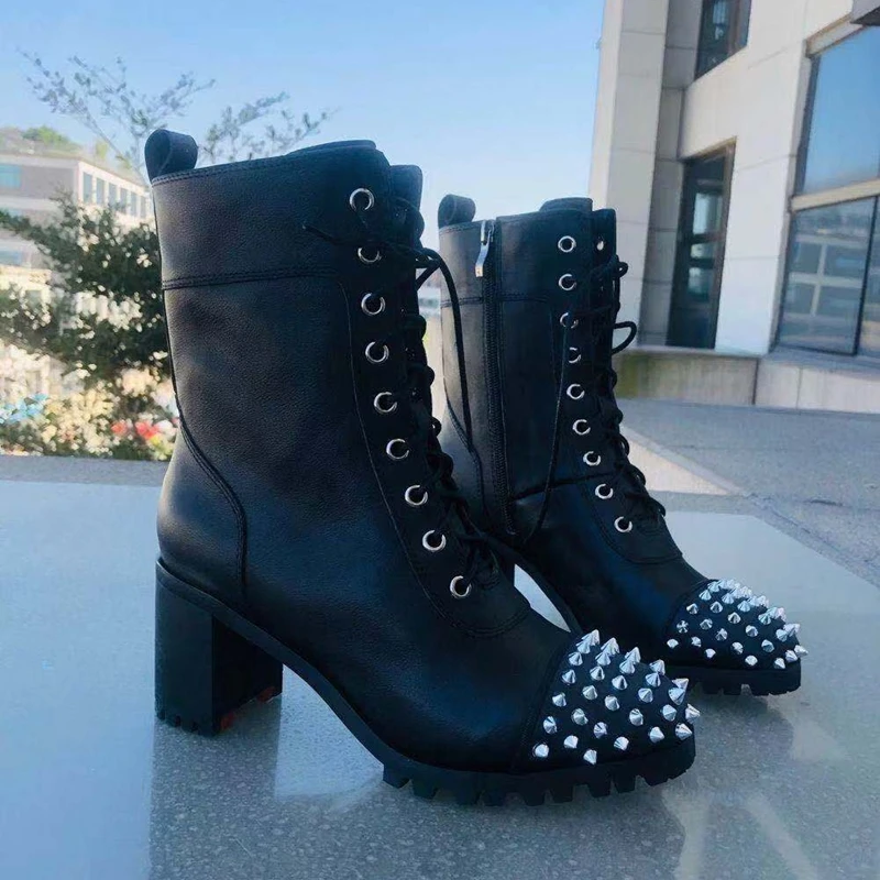 Rivet Buffed Calfskin Boots Round Toe Studded Matte Leather Black Lace Up Booties Low Heel Zipper Ankle Biker Boots Fall Winter