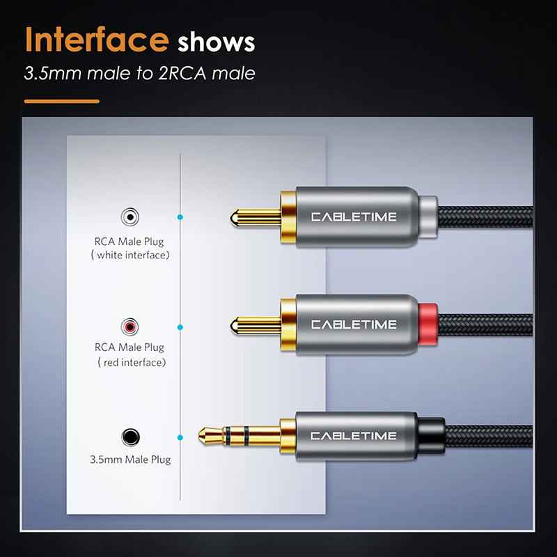 CABLETIME AUX 3,5 mm Jack do 2 RCA Kabel audio M/M 3,5 RCA AUX Stereo do słuchawek do wzmacniaczy DJ Audio Theater DVD C106