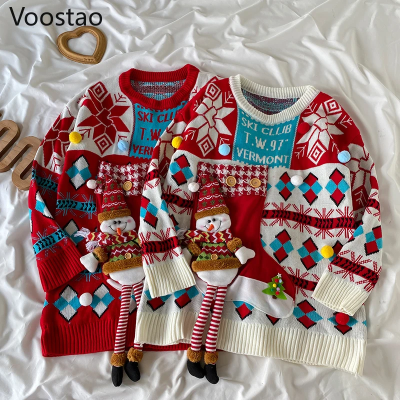 Spring Autumn Women Vintage Knitted Pullovers New Sweet Cute Christmas Style Loose Sweater Winter Girly Harajuku Chic Knitwear