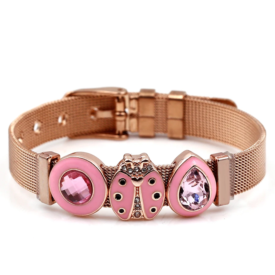Dinglly Rose Gold Plated Stainless Steel Mesh Bracelets For Women Men Star Bears Anchor Beaded Charm Watch Belt Bangle