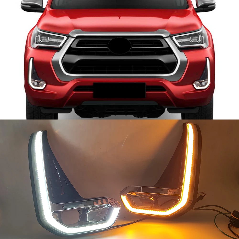 1 Set Car LED Daytime Running Light For Toyota Hilux Revo 2020 2021 2022 Turn Yellow Signal LED DRL Day Light Fog lamp