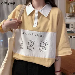 T-shirts Womens Summer Button Turn-down Collar Patchwork Cartoon Printed Japanese Kawaii Preppy Style Students Cute New