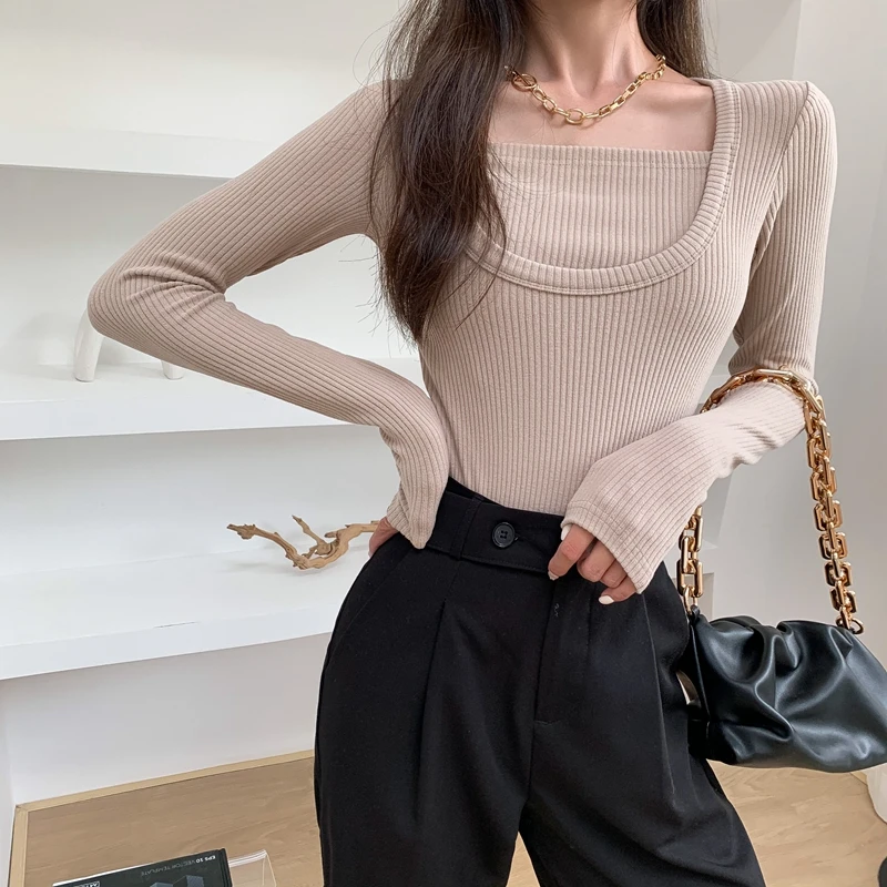 

Women's Trendy Bottoming Knitted Pullover Sweaters Solid Square Collar Slim Fit Long Sleeves Knitting Tops Autumn Spring 2021