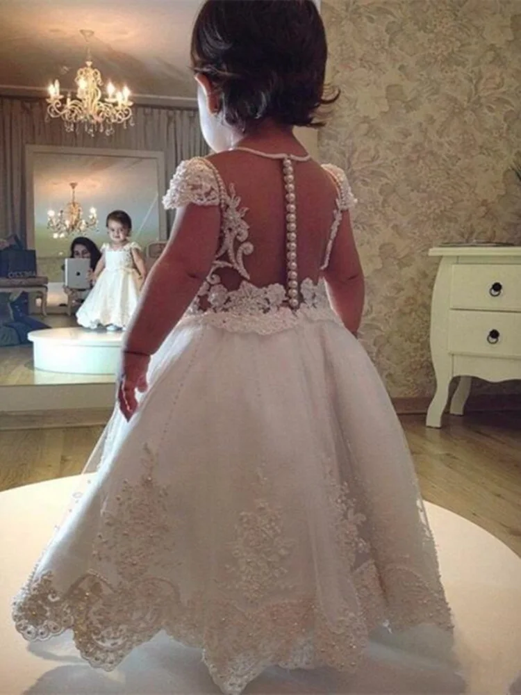 

Tailor-made White Ivory Long Length Beading Lace Applique Ball Gown Flower Girl Dress for Weddings Bow-knot First Communion