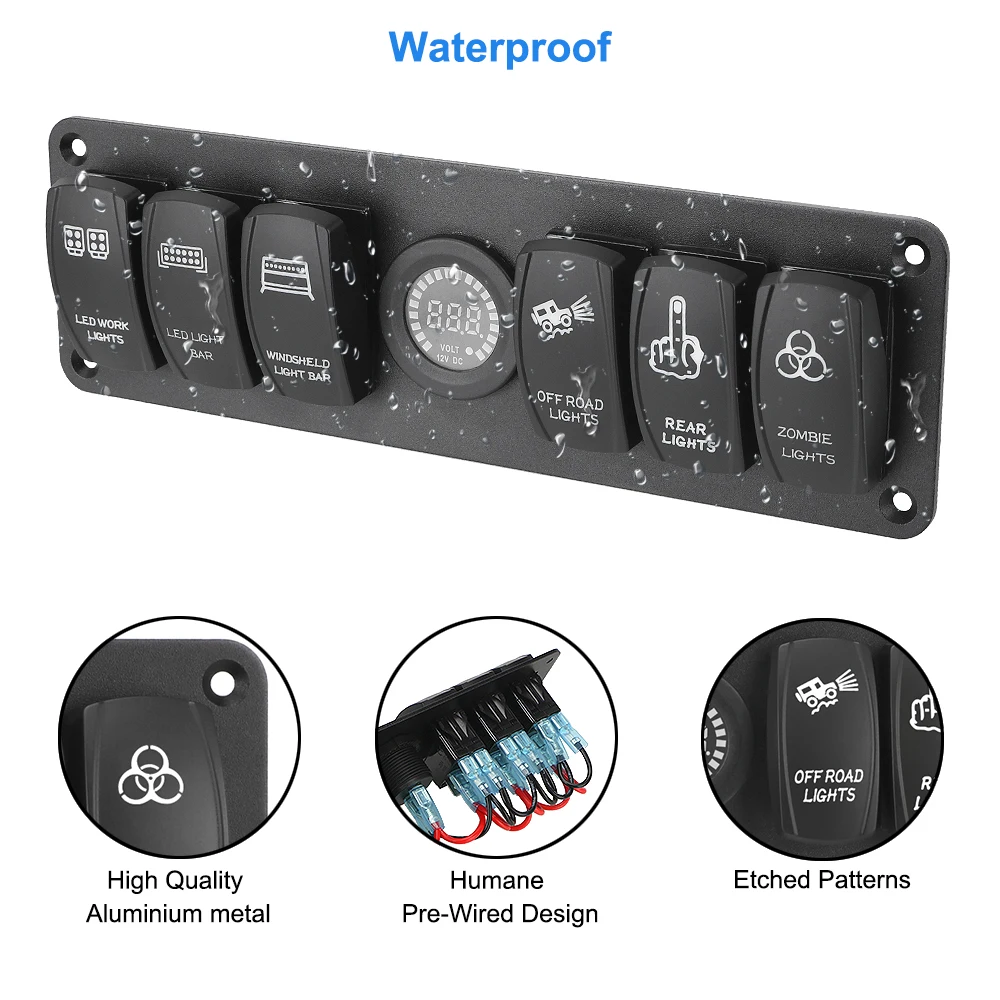 แผงสวิทช์โยก6แก๊ง, เต้าเสียบรวม12-24โวลต์กันน้ำสำหรับรถยนต์ RV ที่แสดงแรงดันไฟฟ้า LED