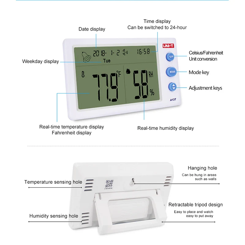 UNI-T A12T A13T Digital LCD Thermometer Hygrometer Temperature Humidity Meter Alarm Clock Weather Indoor Outdoor Instrument