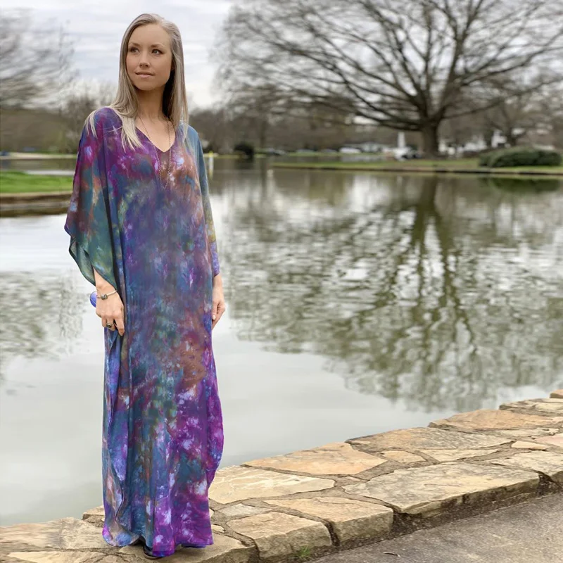 Vestido de verano holgado con estampado de cielo estrellado para mujer, caftán largo de lujo, caftán de rayón flotante, ropa de salón Dashiki