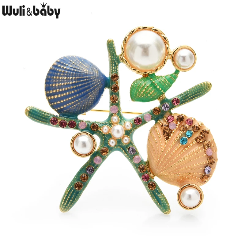 Wuli&baby Enamel Starfish Brooches Women Pearl Sea Star Animal Party Office Brooch Pins Jewelry Gifts