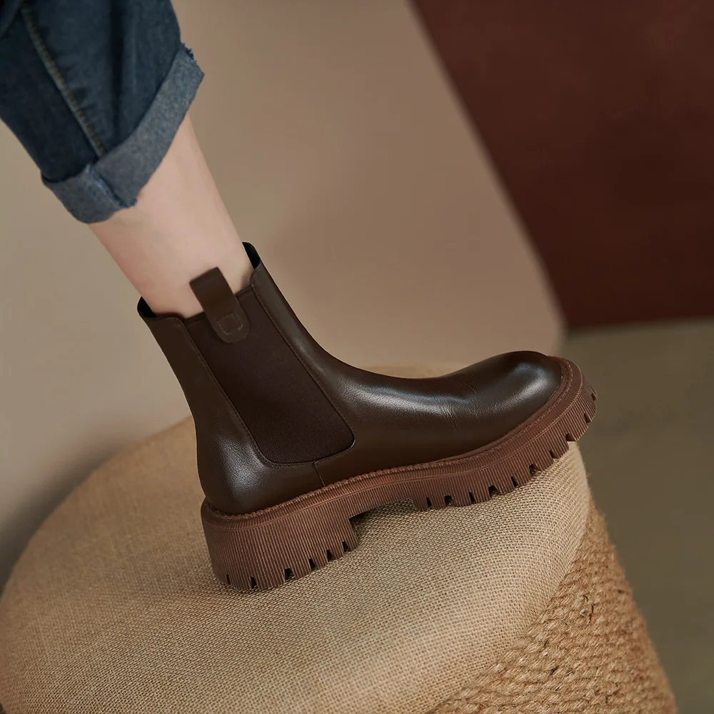 2021 New Cow Leather Chelsea Boots Women Slip on Ankle Boots Brown Fashion Genuine Leather Boots Ladies Fashion Shoes