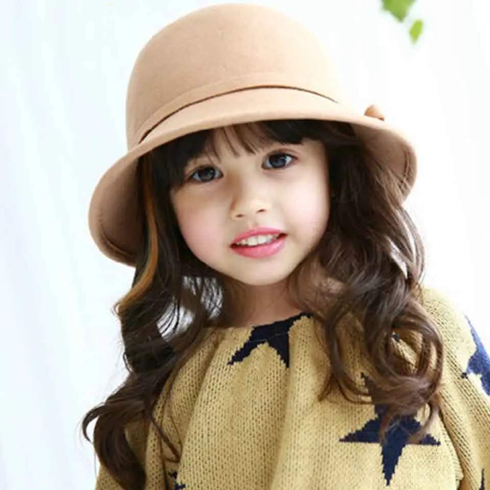 Vintage Parent-child Winter Women Solid Wool Felt Cloche Hats Kids Fedoras Bow Bucket Hats Warm Bowler Hats For Mom& Baby