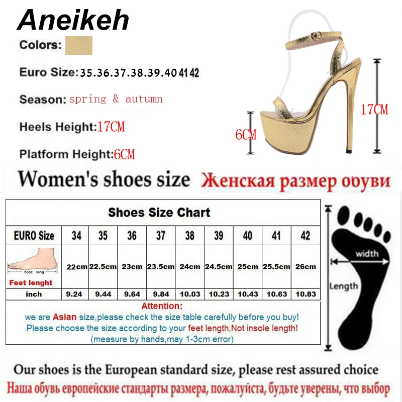 Aneikeh NEW Sexy Sandals Women Bling Golden PU Peep Toe Stripper High Heel Sandals Summer Fashion Buckle Strap Thin Heels Slides