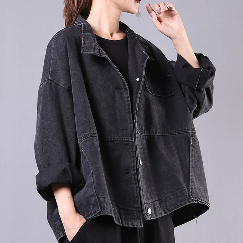 Autumn New Korean Literary Retro Vintage Jeans Women\'s Long Sleeve BF Denim Oversized Black Jean Harajuku Jacket Female Coats