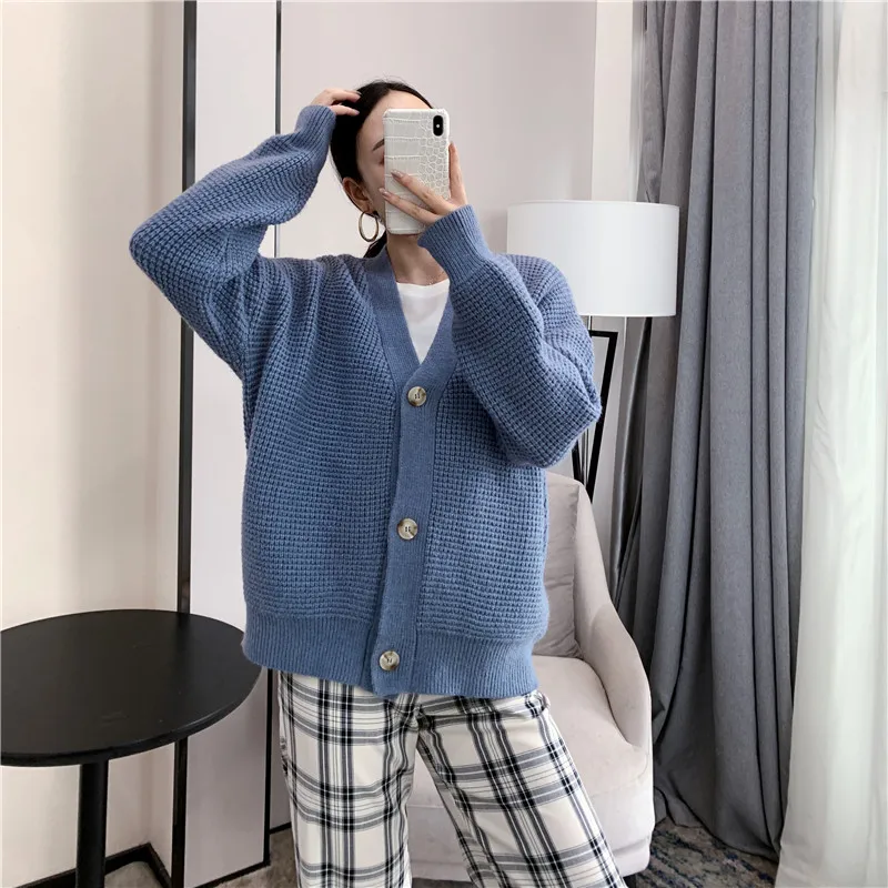 ZAYAU-Japanese Knitted Jacket for Girl, V-Neck Cardigan, Loose Casual Sweater, Soft Button, Thick and Cute, Autumn and Winter,