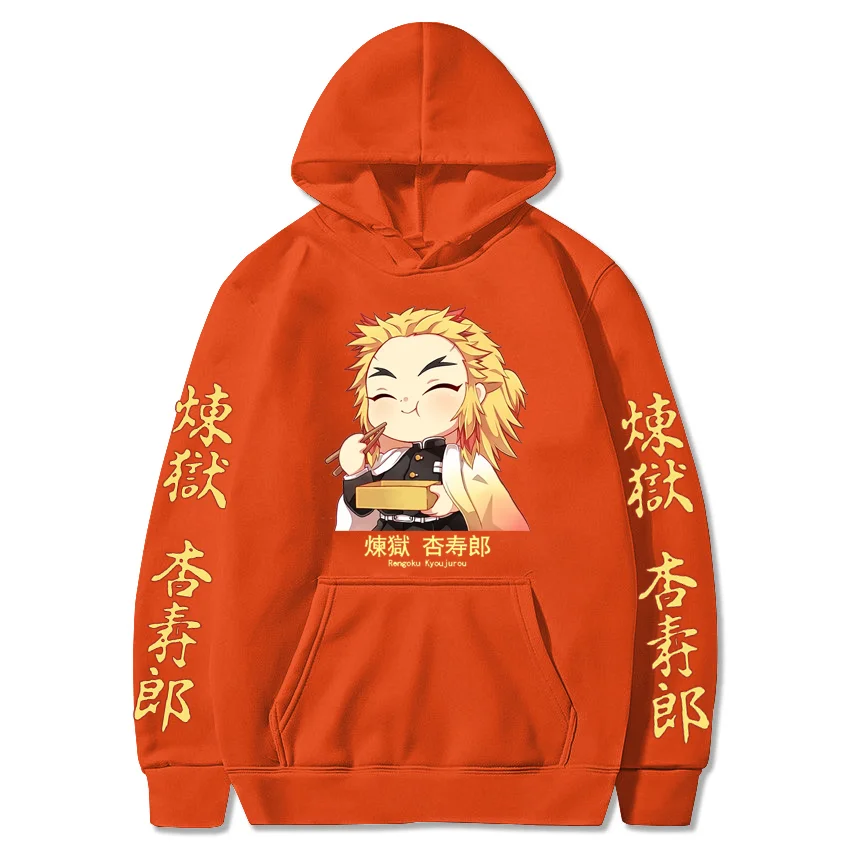 Anime Demon Slayer Hoodies Women Men Sweatshirts Chibi Rengoku Eating Autumn Unisex Pullover Hip Hop Manga Japanese Streetwear