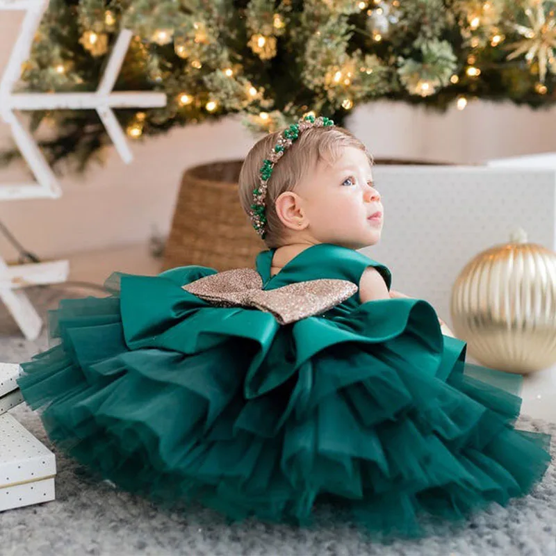 New Baby Girls Big Sequins Bownot Brithday Party Tutu Dress Toddler Kids Winter Autumn V Back Christmas Elegant Wedding Vestidos