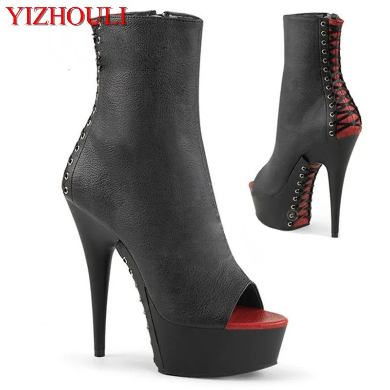 Matte black 15 cm sexy heels, 6 inch model stilettos, fish mouth zipper openings, pole dancing performance ankle boots