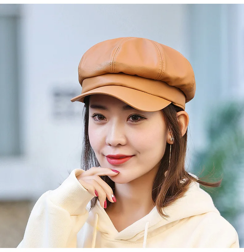 Fashion Solid color Octagonal Cap Hats Female Autumn Winter Leather Panama Stylish Artist Painter Newsboy Caps Beret Woman hat