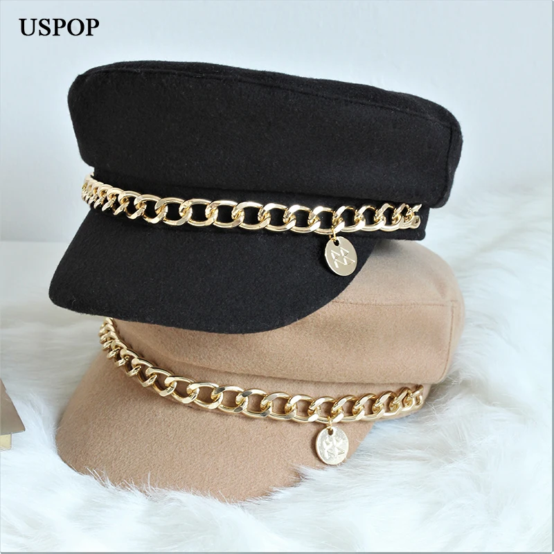 New Newsboy Caps Fashion Military Cap Flat visor caps Baker Boy Hat with Chain