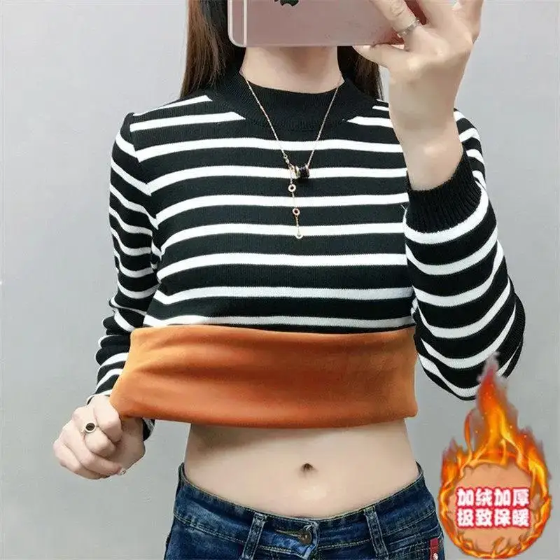 Add Velvet Thicken Women Sweater Pullover 2023 Autumn Winter New Knitted Sweatshirt Black White Striped Bottoming Shirt Fashion