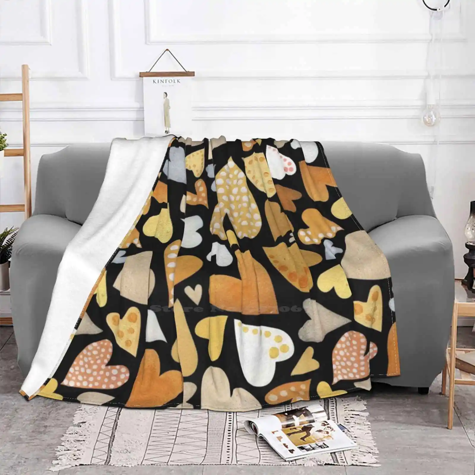 L'Amore Air Conditioning Blanket Fashion Soft Blanket Hearts Love Black And Gold Gold Black Luxury Raindrops Stars