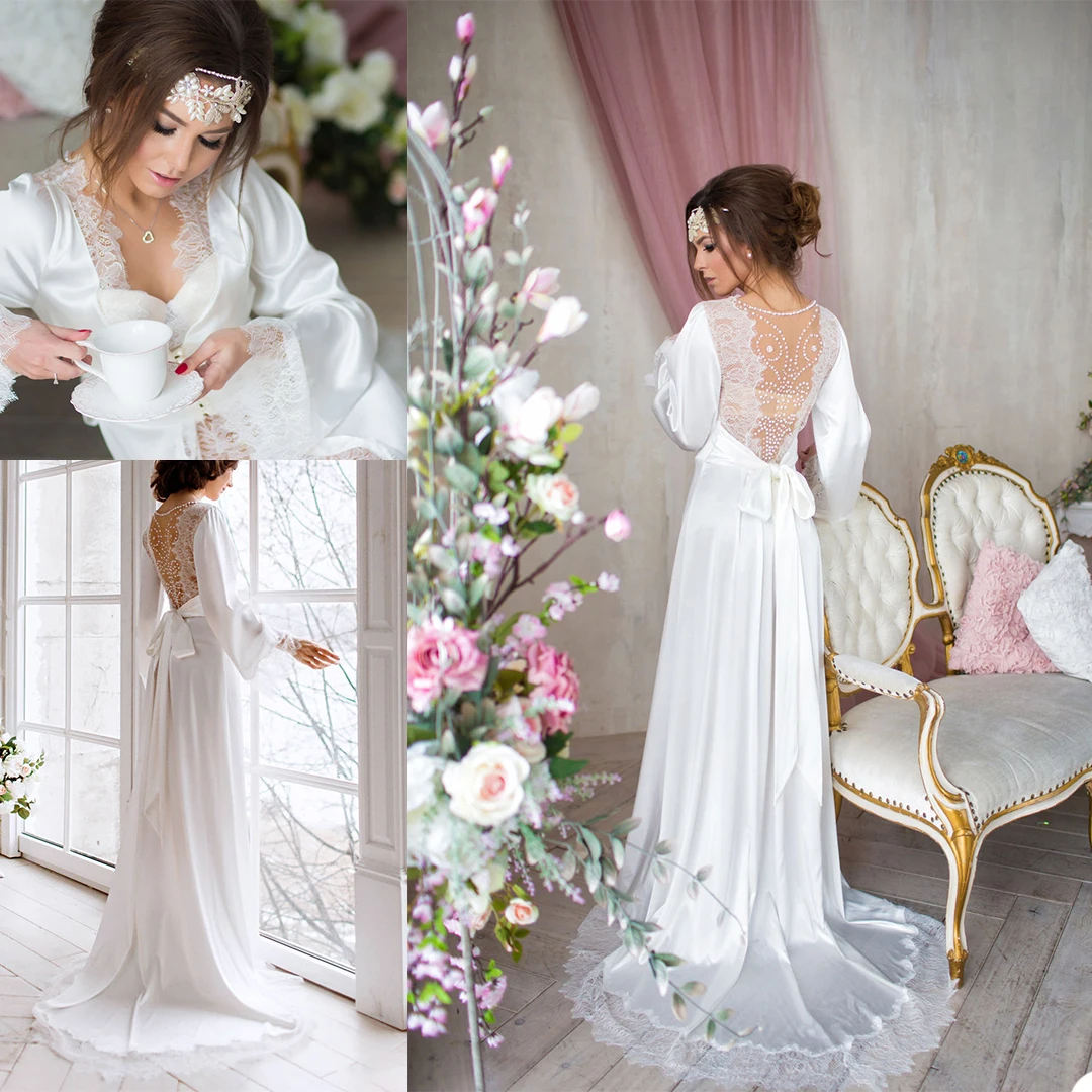 Spring Wedding Bridal Vrouwen Lingerie Satijn Zijden Kralen Terug Toga Badjassen Lange Nachthemd Bruid Kimono Robe Met Riem