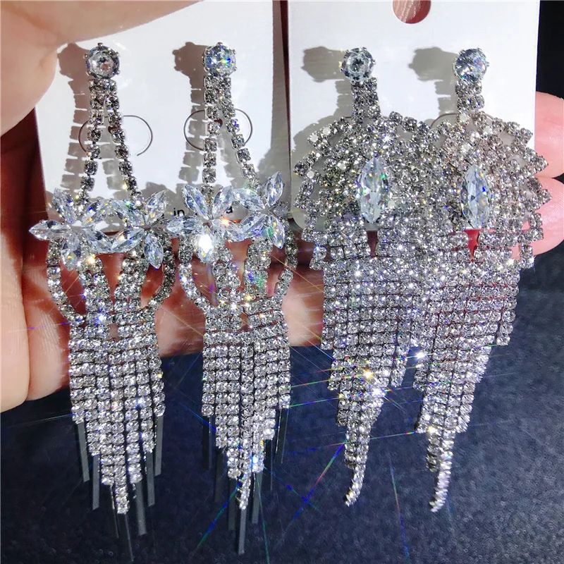 Wholesale 12 Pairs/Lots Bulk Crystal Zircon Long Tassel Earrings Big Drop Dangle Wedding Bridal Big Earrings for Women Jewelry