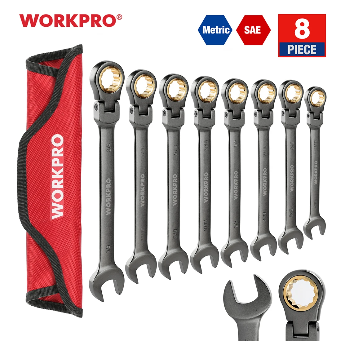 WORKPRO 8 Chiếc Cờ Lê Flex-Đầu Siết Kết Hợp Bộ Cờ Lê Vòng Miệng Hệ Mét/SAE Dụng Cụ Sửa Chữa Gia
