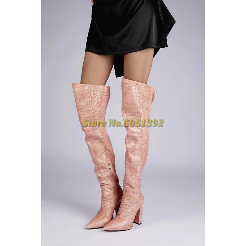 

Over The Knee Block Heel Dress Women Boots Zipper Leather Pink Thigh High Boots Sexy Pointed Toe Stone Pattern Fashion Boots