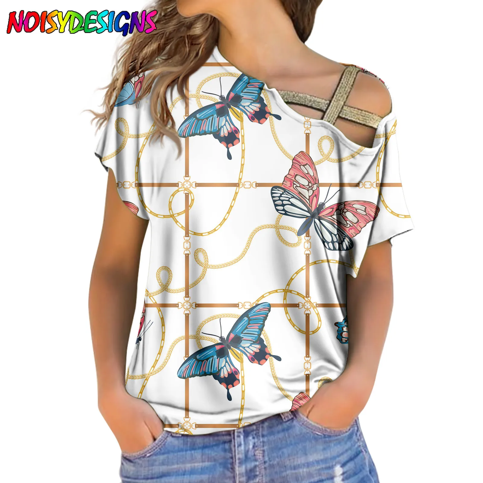 NOISYDESIGNS Gold Chain Prints Short Sleeve Oblique Shoulder Irregular Butterfly Printed T Shirt Women Tshirt Summer Top Tees