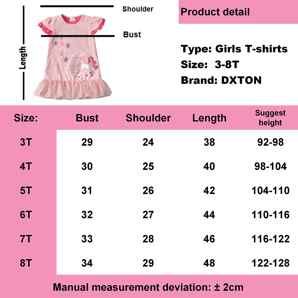 DXTON Kids Girls Short Sleeve T-shirts Summer Ruffle Sleeve Children Tees Unicorn Print Kids Tops Home Wear Girls Costume 3-8Y