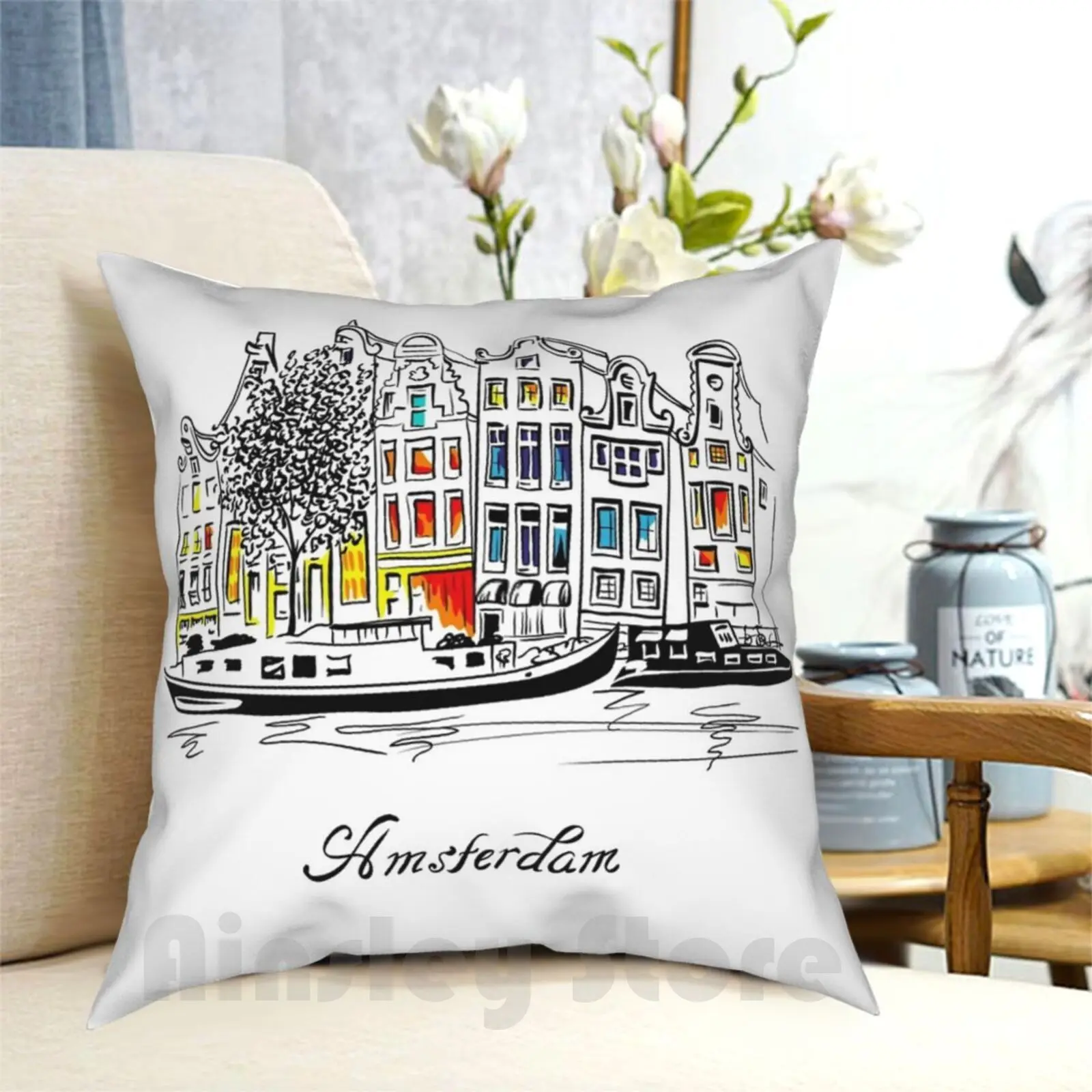 Pillow Case Printed Home Soft DIY Pillow cover View Canal River Windows Landmark City Street Urban Famous Unique Quay Boat