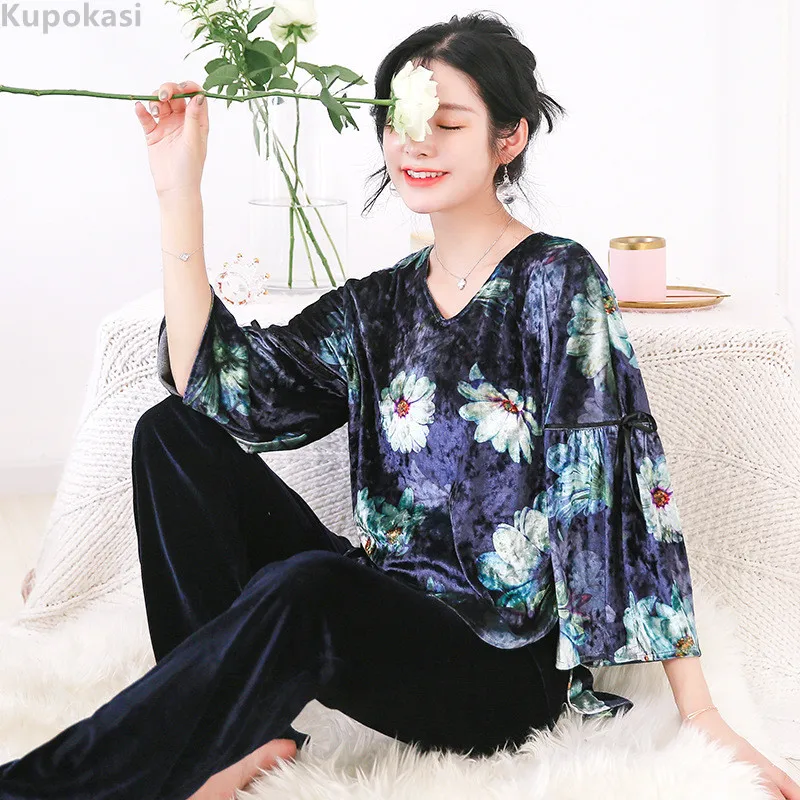 Kupokasi Velvet Pajamas Set Floral Print 2 Pieces Casual Winter Woman Pyjamas Suit Bowknot Flared Sleeve Trousers Sleepwear